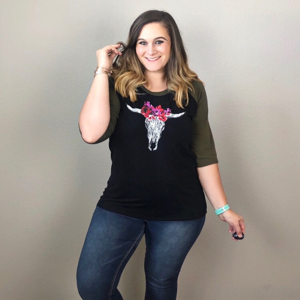 Boutique Zutter Floral Bull Skull Baseball Top